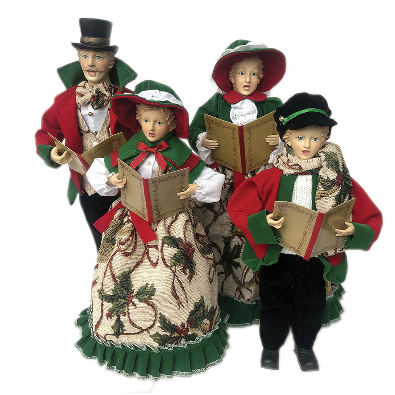 Set of 4 Beige & Green Victorian Holly Carolers Christmas Figures